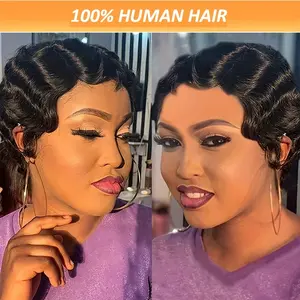 Wholesale Fashionable Short Finger Finger Wavy Human Hair Wigs Curly Cute Nuna Pixie Cut Wig Glueless Put On And Go Wig For Women 80s 90s Retro African Wigs Cosplay Costume Halloween Party Daily Use