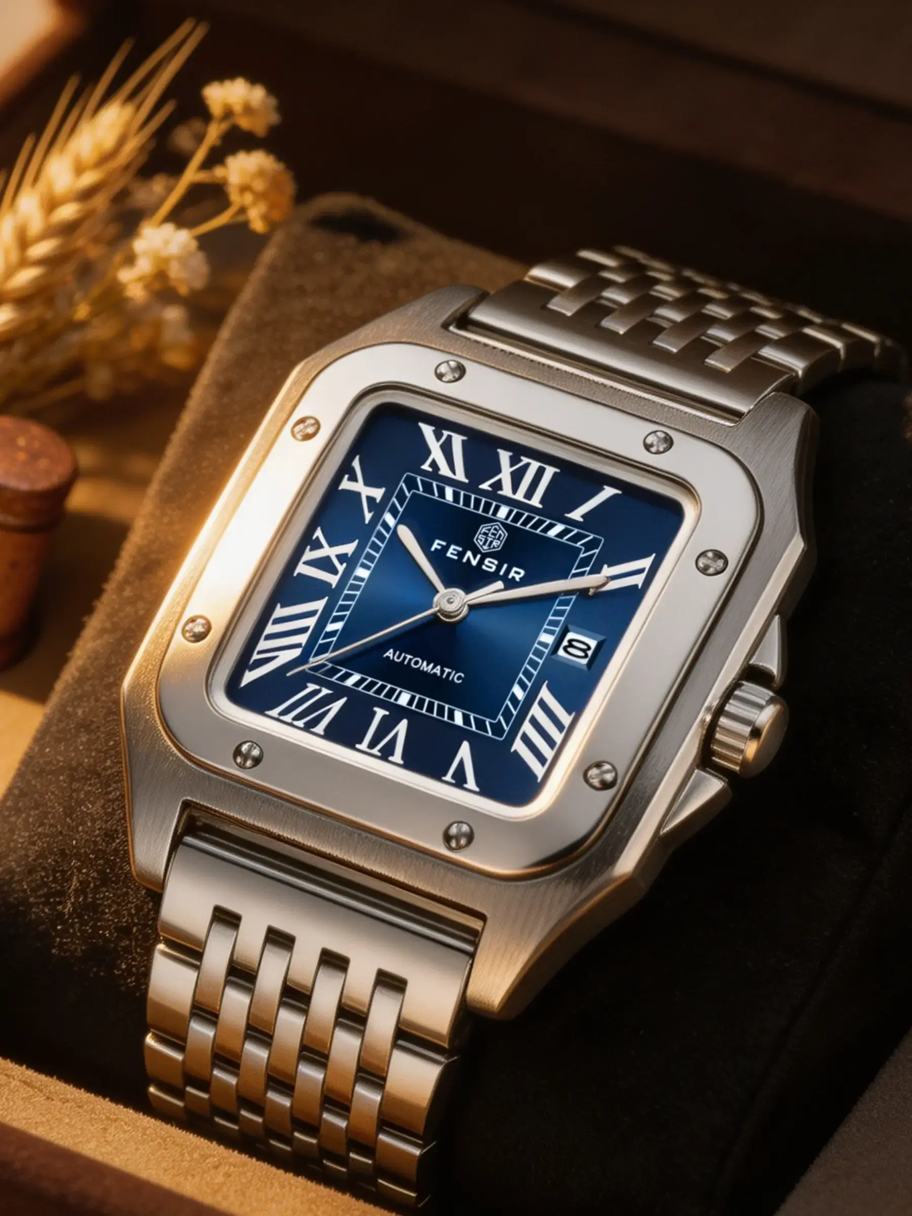 cyHigh-End Men's Quartz Watch, Business Quartz Wristwatch, Analog Wristwatch, Square Dial, Roman Numerals, Stainless Steel Strap, Date Display, Waterproof, Business Casual Style, Analogue Quartz Watch, Business Quartz Watches