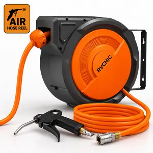 【Father's Day】RVCHIC 65FT/33FT Retractable Air Hose Reel Wall Mounted, Heavy Duty Auto Rewind Air Compressor Hose Reel with 300 PSI Hybrid Hose, Lock Any Length, 180° Swivel Bracket & Brass Fitting for Garage, Shop, Auto Repair & Tools