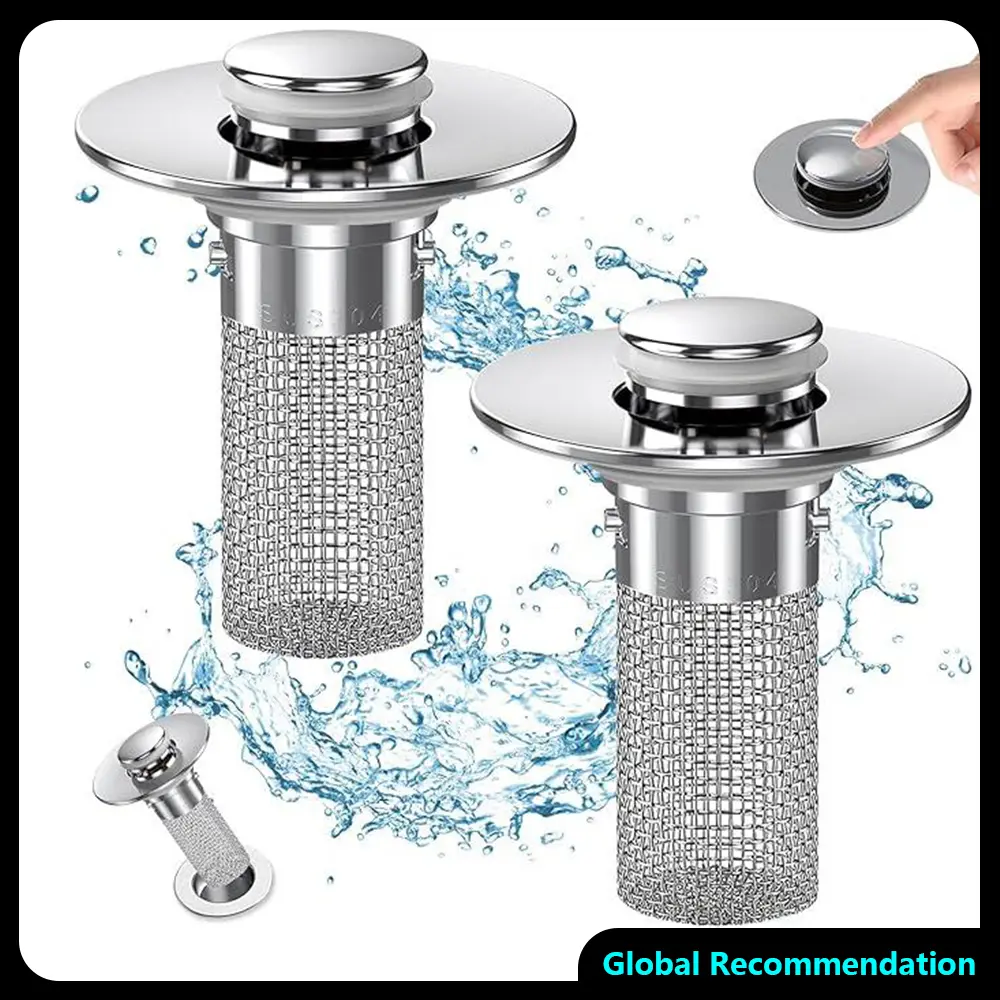 Bathroom Sink Pop-Up Drain Filter Stopper, Anti-Odor Insect-Proof Basin Strainer with Removable Hair Filter Basket