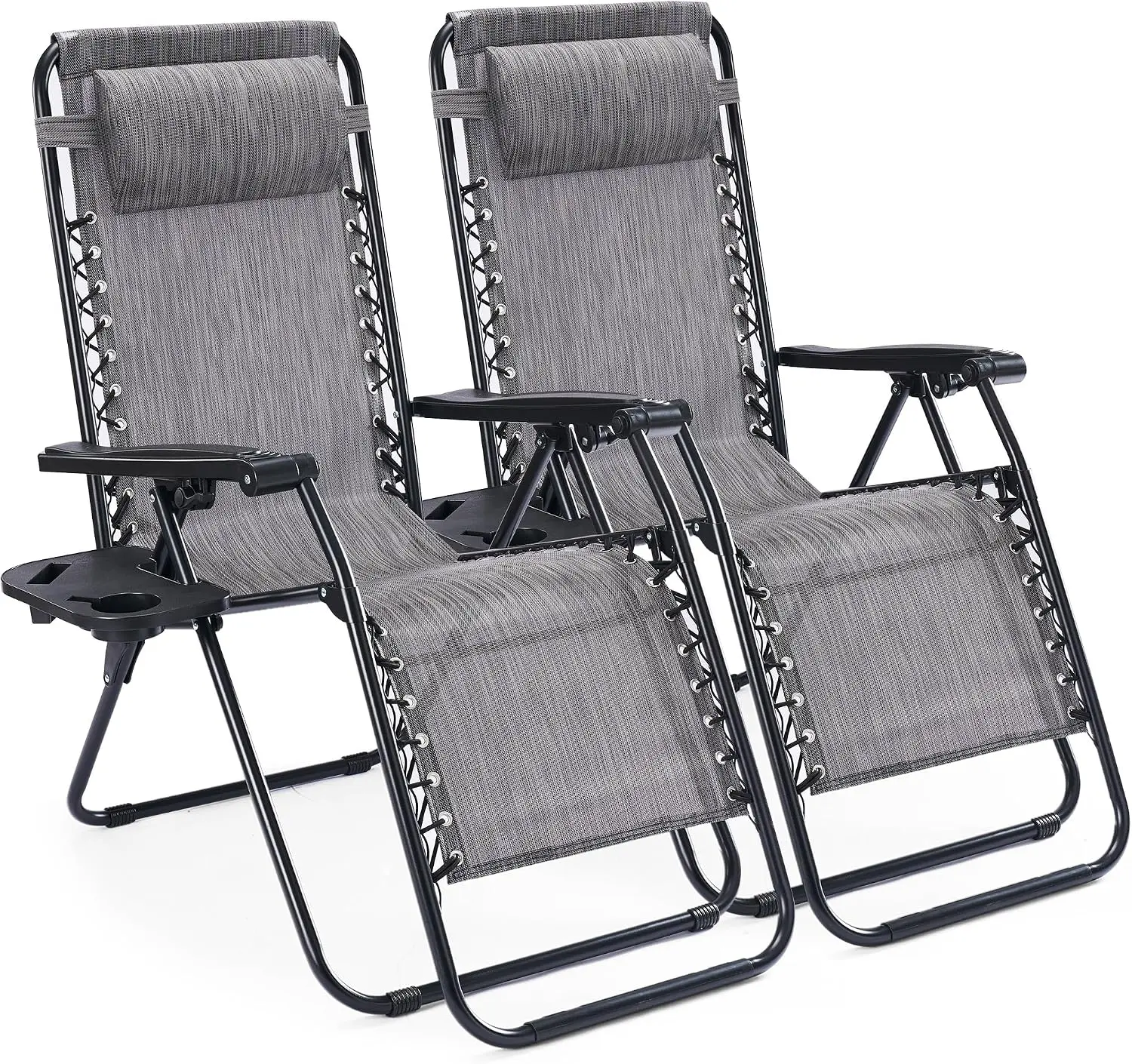 Sweetcrispy 0 Gravity Outdoor Recliner Chairs, Set of 2 - Portable Folding Lounge Chairs with Cup Holder Trays, Adjustable Pillows for Patio, Backyard, Grey