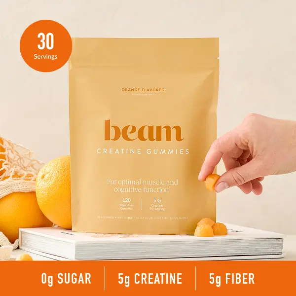 Beam Creatine Chewable Gummies - 30 Servings (120 Gummies), Orange Flavor, 5g Creatine + 5g Fiber, Sugar Free Natural Supplements, Fitness Muscle Boost, Brain Health Support, Daily Cleanse Dietary Supplement
