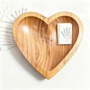 Handcrafted Vintage Cross-Engraved Woody Wooden Heart Prayer Bowl with 24 Prayer Cards, Christian Religious Home Decor, Gift for Baptism & Housewarming