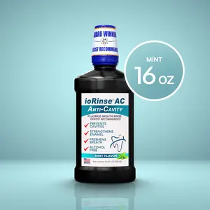ioRinse AC Anticavity Fluoride Mouthwash - Alcohol-Free Molecular Iodine Mouth Wash Fights Tooth Decay & Protects Enamel - Safe Mint Rinse for Sensitive Mouths - Potent Bad Breath Protection - 16 oz