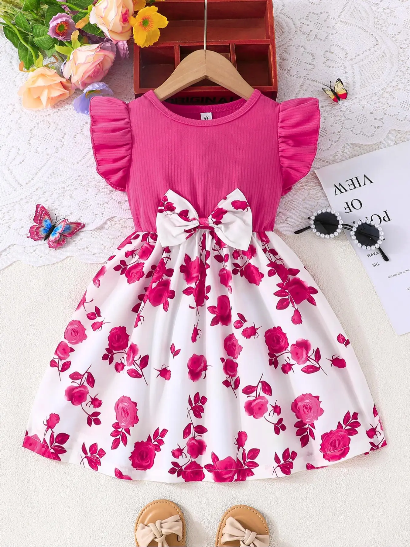 Girl's Floral Print Bow Decor Dress, Cute Butterfly Sleeve Dress for Summer, Kids Clothes for Daily Wear