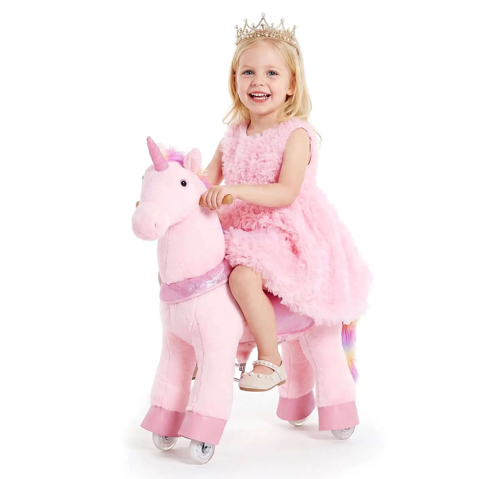 VEVOR Pink Unicorn Ride-On Toy for Kids 3-8, Plush Balance Training Walker with Metal Frame, Smooth Wheels & Anti-Roll Stop, Unisex Gifts, 110 lbs Load