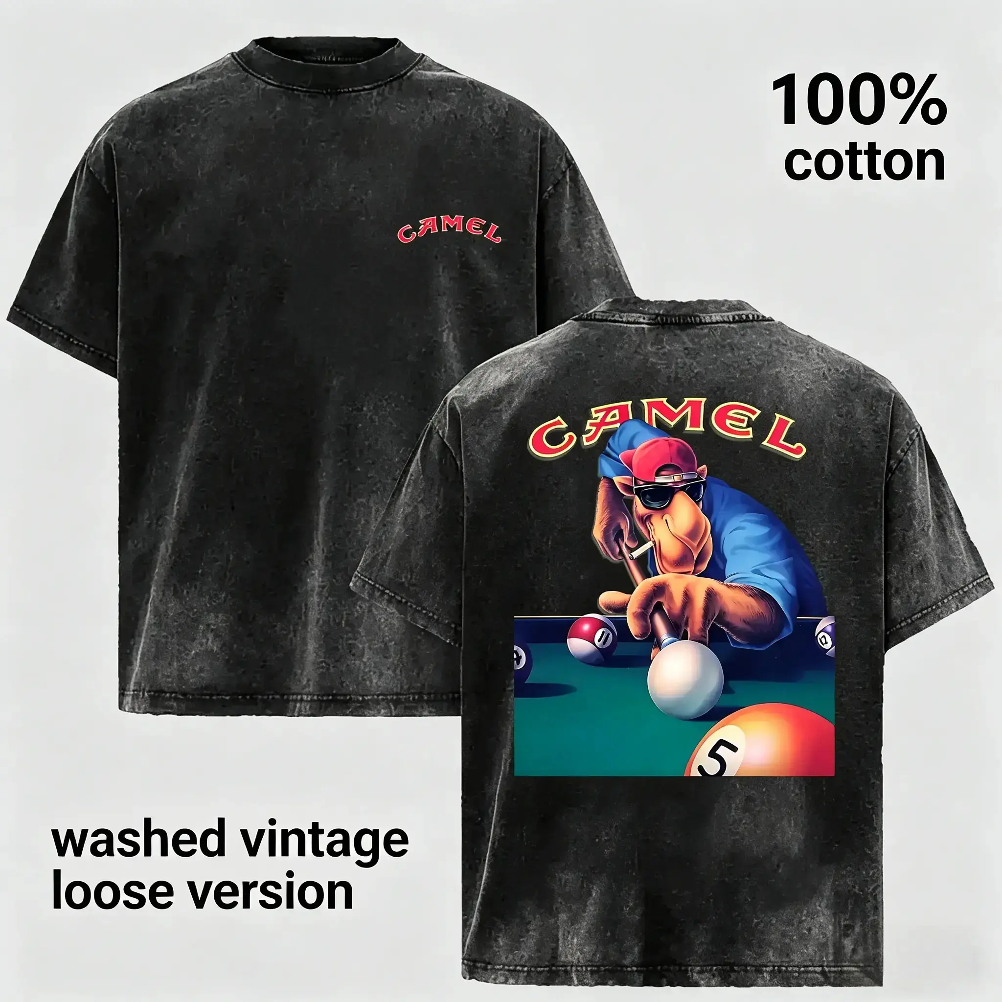 Camel Joe Pool Playing Graphic Tee Vintage Washed 100 Cotton T Shirt Retro Distressed Short Sleeve Casual Streetwear Billiards Shirt Summer Fashion Top Relaxed Fit Loose Version Crew Neck Unisex Tee for Retro Fans