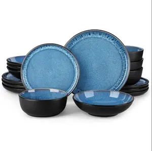 16 pcs Dinnerware Sets, Plates and Bowls Set for 4, Stoneware Dinner Set, Blue