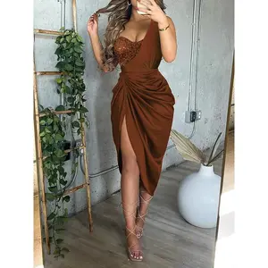 Elegant New Solid-Color Asymmetric (One-Shoulder) Long Slit Dress with Ruching — Evening Formal Wear