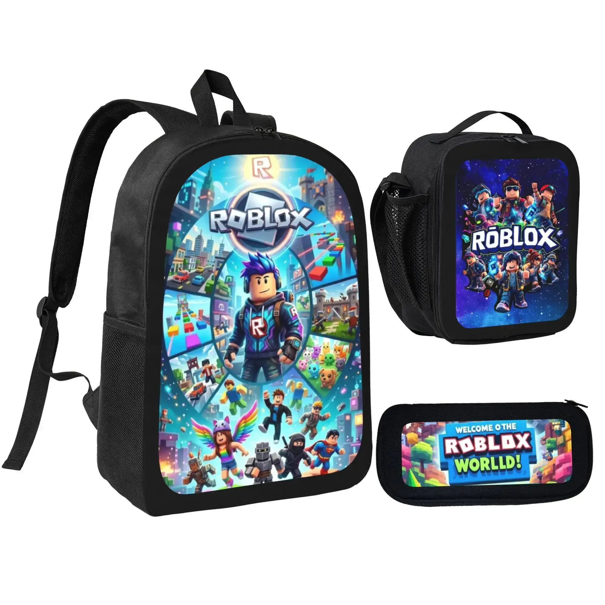 Roblox Backpack 3 Pieces Set With Lunch Bag Pencil Case Combination For Work Sport Picnic Classic Laptop Backpack Travel Daypack Stationery Bag
