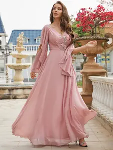 Elegant V Neck Backless Flare Sleeve Women's Fitted Maxi Dress, Embroidered Floral Design, Pure Color Chiffon Formal Bridesmaid Gown, Large Swing Hem