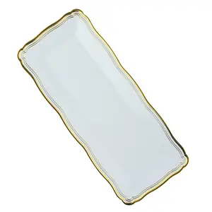 13.75 X 6 Inch Rectangle White And Gold Rim Plastic Serving Tray