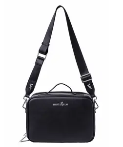 White Elm Aven Travel Train Case - Black Vegan Leather Makeup Bag with Elastic Pockets & Zippered Sections for Toiletries & Brushes