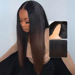 UNice Upgrade EasiContour V Part Yaki Straight Wigs Ombre Glueless Chestnut Brown Human Hair Wigs Natural Looking
