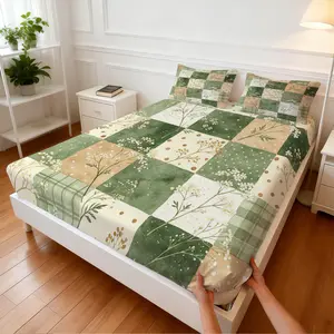 3Pcs Macaron Watercolor Patchwork Fitted Sheet Set, Plaid Floral Print, Durable Wrinkle Resistant No Pilling, Perfect for Graduation Season Rental Room Fresh Bedroom Arrangement