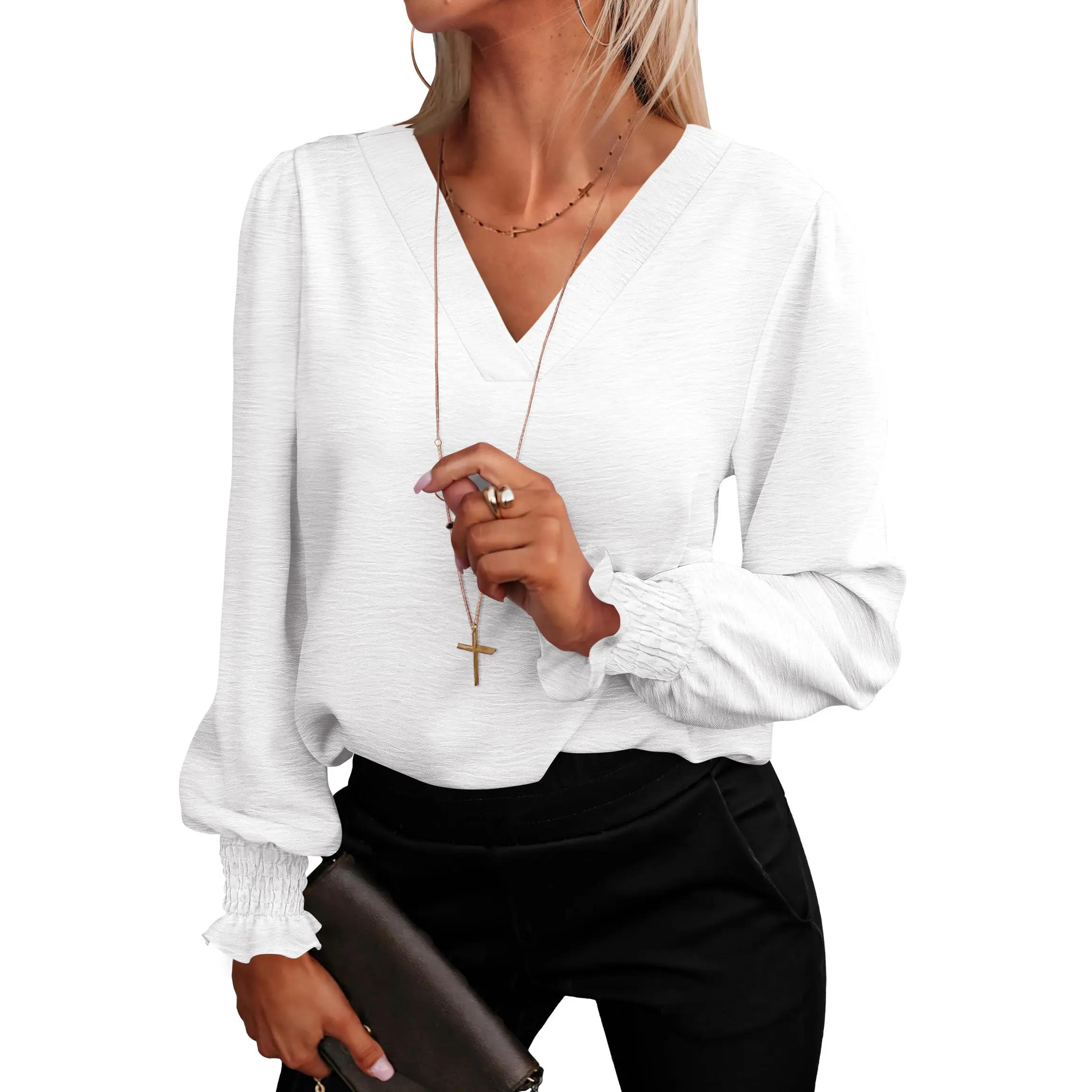 ANRABESS Women's Business Casual Tops V Neck Puff Long Sleeve Shirts Dressy Office Work Blouse 2026 Fall Outfits Clothes