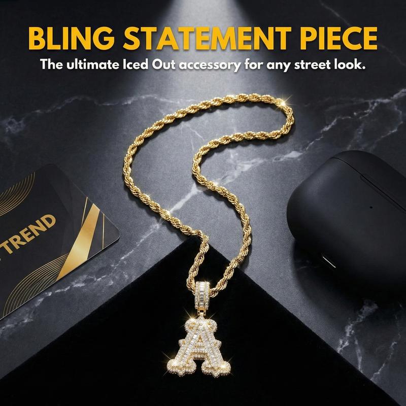 Personalized lced-out Bubble Initial NecklaceFor Men HipHop Zirconia Letter Necklace ForWomen 24 inchesLong Stainless Steel RopeChainT26 Alphabet Neckiace For WomenCharms