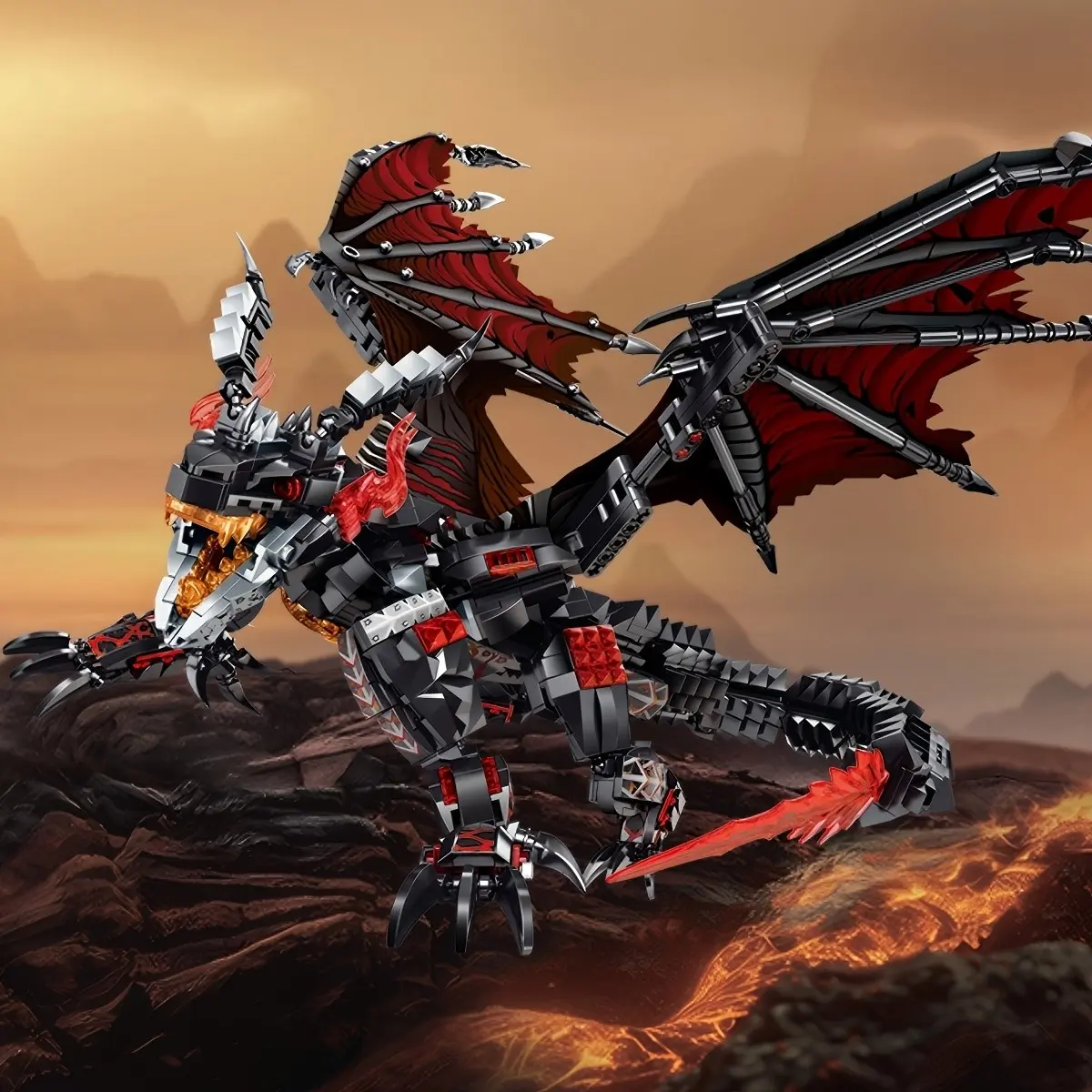 Fire Dragon Building Block Set, Large Size, Flexible Wings Mouth Tail, Includes Stand Base, Abs Plastic, High Difficulty Adult Toy, Building Block Model