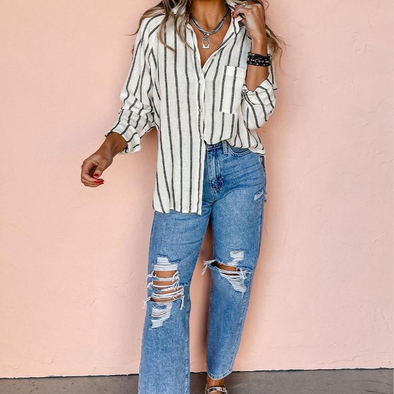 Womens Black Stripe Chest Pocket Buttoned Oversized Shirt Office Casual Outfit