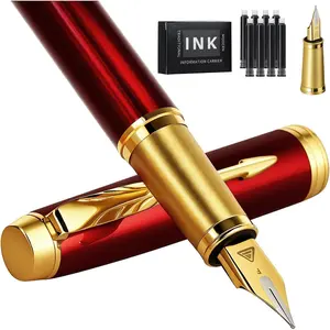 Fountain Pen luxury fine point smooth writing pens for journaling, fancy pens with Gift Case, 10 black ink cartridges, an ink converter, nice metal pen writer gifts (Red)