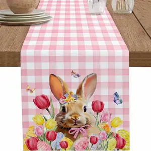 1pc,Easter Bunny Linen Table Runner, Kitchen Dining Cafe Decor, Spring Tulip Checkered, Party Wedding Decoration