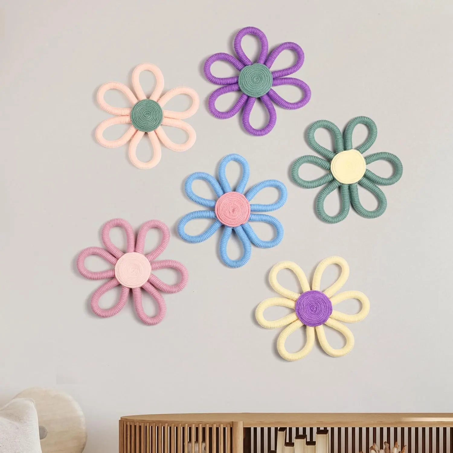 6 Pcs Boho Nursery Decor Flower Daisy Wall Art 6 Inch Woven Macrame Wall Hanging Bohemian Flower Decor Daisy Nursery for Baby Girls Kids Home Bedroom(Vivid Colors)