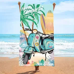 1pc Extra Large 35x71 Inch Tropical Motorcycle Beach Towel - Vibrant Coastal Print with Palm Trees & Surfboards, Soft Absorbent Quick-Dry Microfiber for Swimming, Yoga, Camping, Travel, Summer Beach Accessories