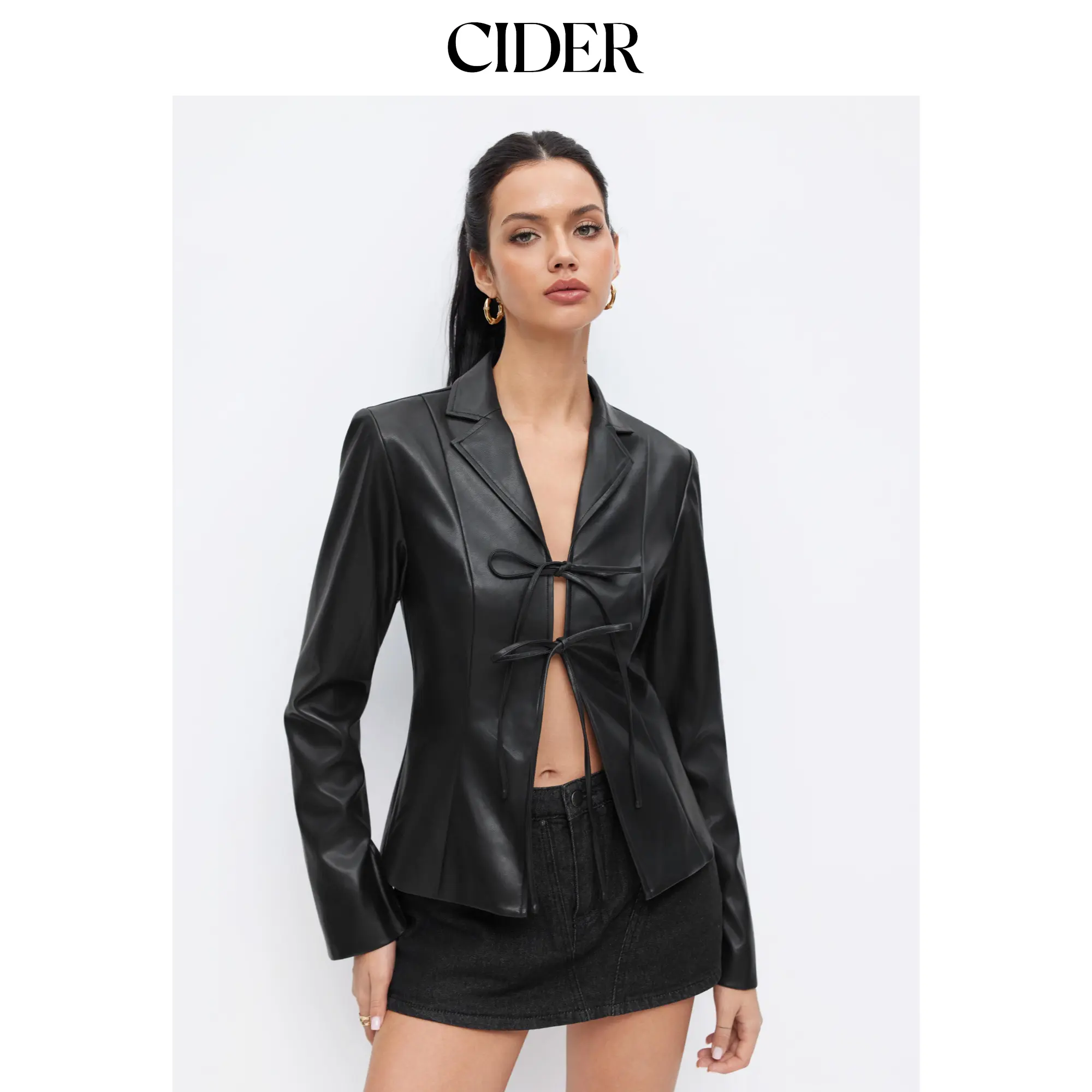 Cider Faux Leather Collar Bell Sleeve Tie Front Bow Jacket