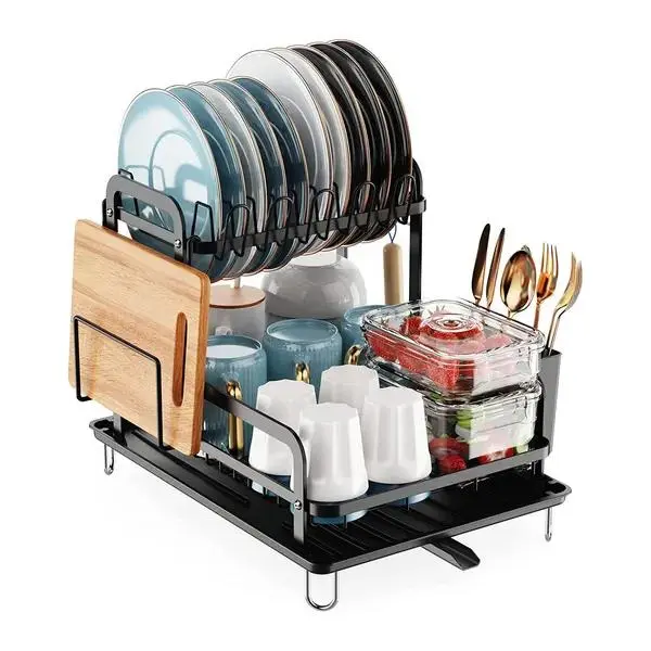 2-Tier Rustproof Dish Drying Rack for Kitchen Counter, Space-Saving Organizer Set with Detachable Drainboard and Kitchen Drainer