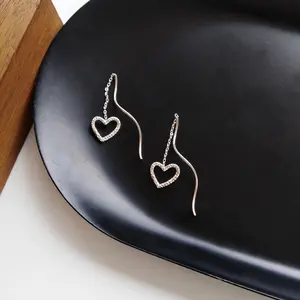 Dainty silver threader earrings, Spiral wave earrings, Minimalist heart earrings, Silver bridesmaid wedding earrings, Dainty charm threaders