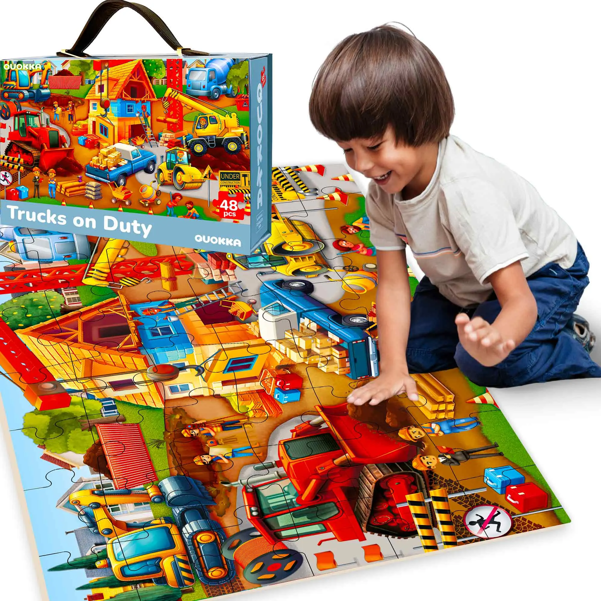 QUOKKA 2x3 FT Giant Floor Jigsaw Puzzle - Construction-Themed Truck Game with Large Irregular Pieces, Developmental Toy for Ages 4-6, Boosts Fine Motor, Coordination, Cognitive & Memory Skills, Includes Puzzle Box, Coordinate