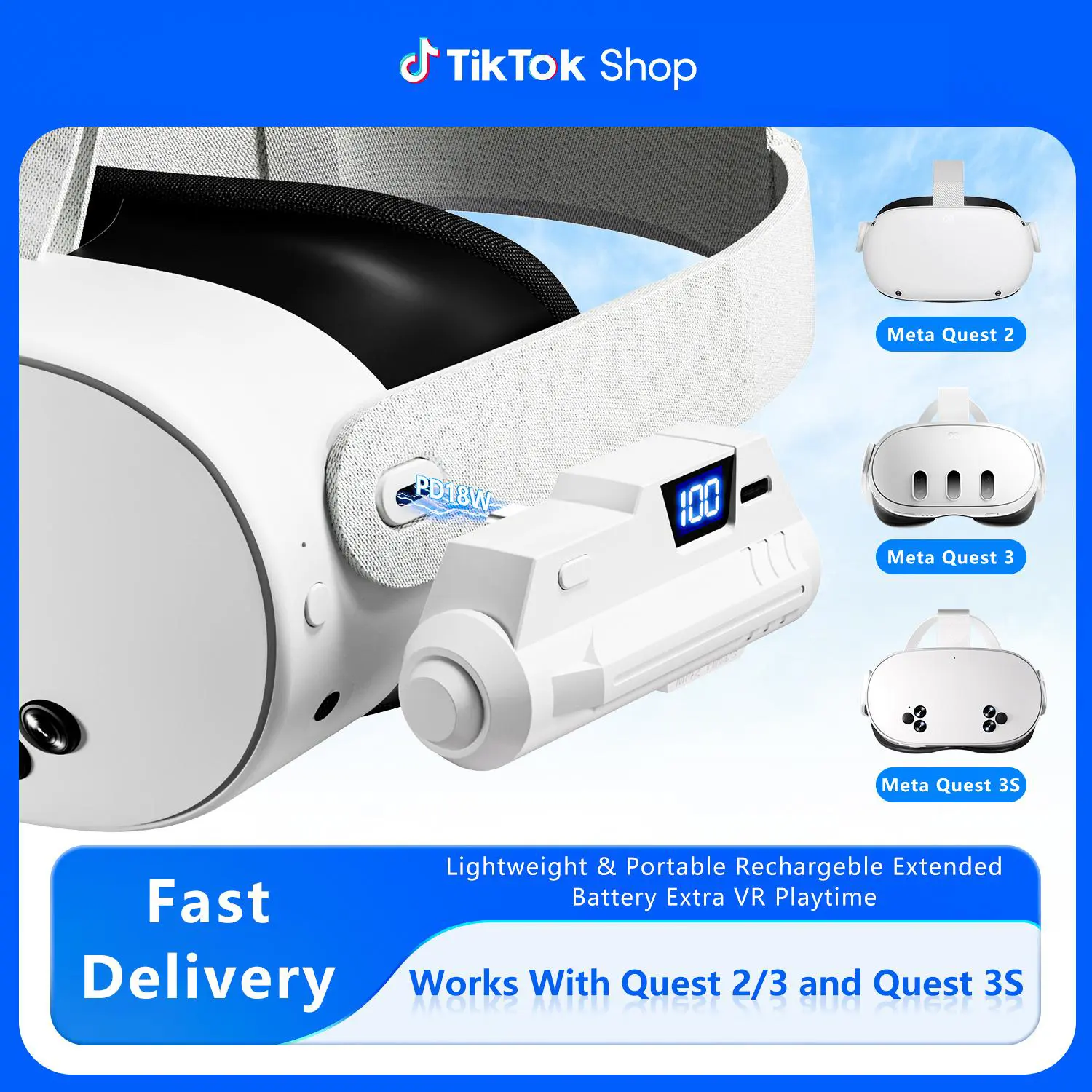Battery Pack for Meta Quest 3/3S/2 - 18W Fast Charging Extended Battery with LCD Display - Lightweight VR Accessories Compatible with Oculus Quest 2/3/3S - 5000mAh Portable Battery Extra 1-2H Palytime
