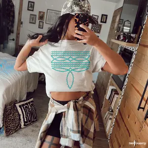 Western Turquoise Stone Boot Stitch Shirt, Women's Western Style T- Shirt, Cowgirl Shirt