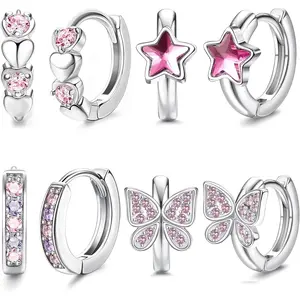 4 Pair Small Silver Hoop Earrings for Women Girls Pink/Blue Heart Star Butterfly Zirconia Hoop Earrings Hypoallergenic Sleeper Huggie Cartilage Earrings Set for Kids