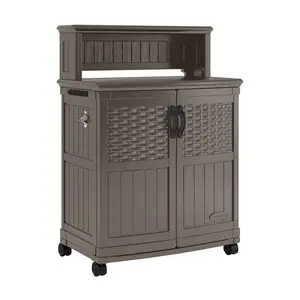Suncast Patio Plastic Storage and Prep Station with Wicker Pattern, Stoney Gray Suncast Patio Plastic Storage and Prep Station with Wicker Pattern, Stoney Gray