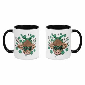 Highland Cow Mug (11oz/15oz) St Patrick’s Day Shamrock Clover Print Funny Lucky Green Eyewear Design Durable Ceramic Coffee Cup for Home Kitchen Office Party Holiday Gift Decor