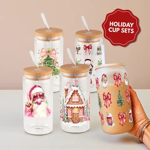 Christmas Cozy 16oz Glass Can Cup with Bamboo Lid & Straw, Holiday Gift
