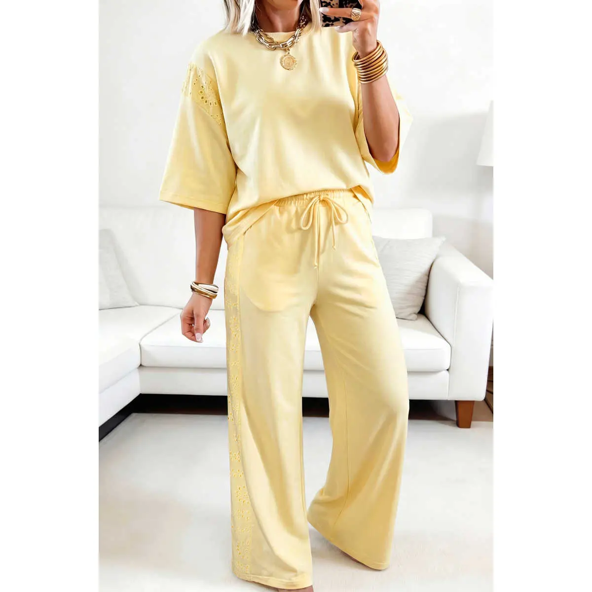 Yellow Cream Lace Patchwork Half Sleeve Top Elastic Waist Pants Two Piece Setv loungewear luxe