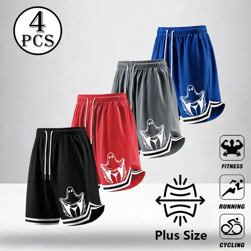 4 Piece Plus Size Fitness Running Cycling Shorts Set in Black Red Gray Blue with Ghost Logo,Men Funny Ghost Graphic Basketball Shorts Striped Hem Elastic Drawstring Mesh Plus Size Athletic Workout Shorts Casual Summer Streetwear Jog Shorts
