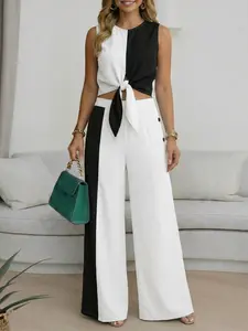 ZANZEA Women's Casual, Round Neck Sleeveless, Colorblock Design, Fitted Hem Cross Design, Long Top and Pants Set, Ideal for Daily Wear, Womenswear, Bottoms