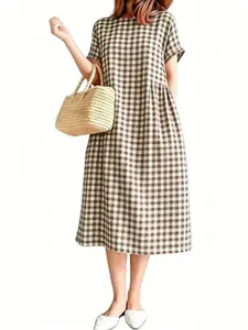 IDEALSANXUN Women's Cotton Gingham Midi Dress - Lady's Fashion Beach Outfits, Spring-Summer Casual Style, Short Sleeves, with Pockets coachella yummy tara summerwins