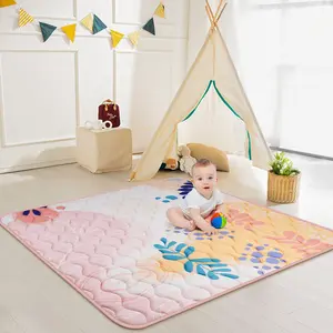 Baby Play Mat 50" x 50" - Thicken Soft Padding Playpen Mat Rug - Non Slip Baby Crawling Mat Foldable, Machine Wash, Pink Leaf