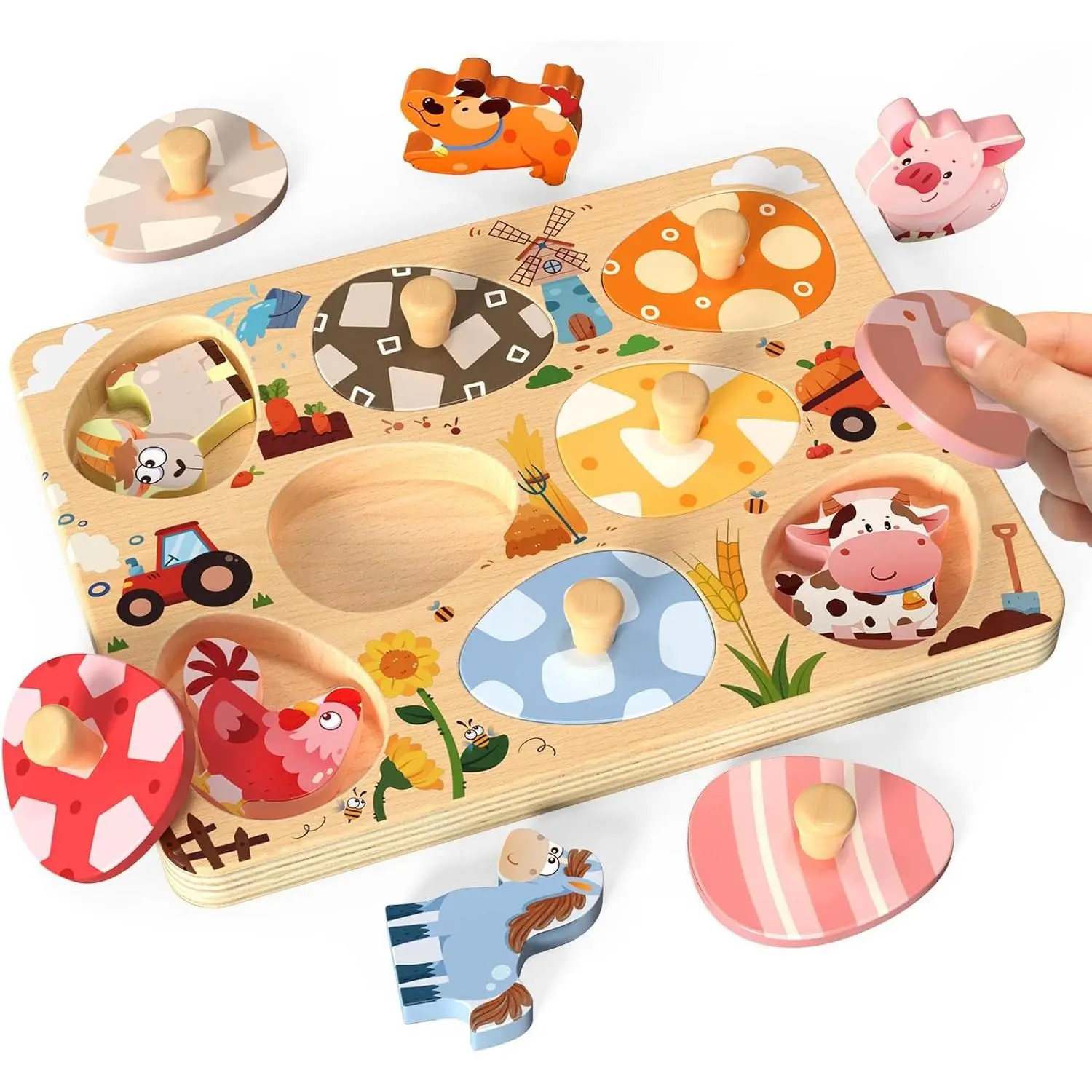 F-JP08 Toddler-Friendly Wooden Farm Animal Matching Egg Puzzles - 8-Piece Montessori Toy for Critical Thinking, Memory Training, Observation, Easter Birthday Gift for Preschoolers