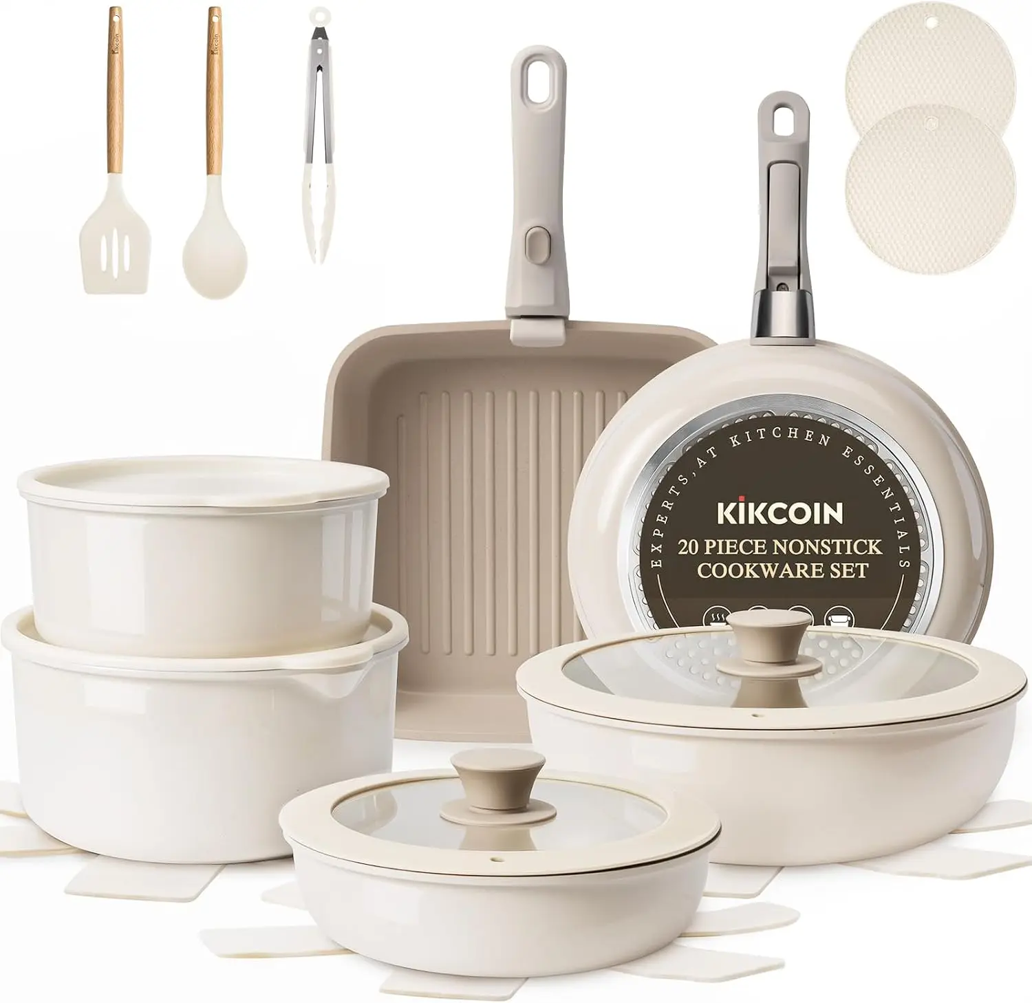 KIKCOIN Nonstick Pots and Pans Set - 22 Pack Cookware Set with Detachable/Removable Handle - Kitchen Cooking Set with Frying Pans, Grill Pan - Stackable, Dishwasher/Oven Safe, Induction Ready Kikcoin
