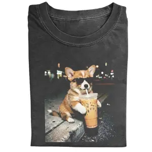 Vintage Cool Corgi Drinking Iced Coffee Shirt, Funny Dog Graphic Tee, Cute Puppy With Sunglasses Tee, Aesthetic Night Street Pet Lover T-Shirt, Trendy Coffee Lover Shirt, Gift for Men, Gift for Women