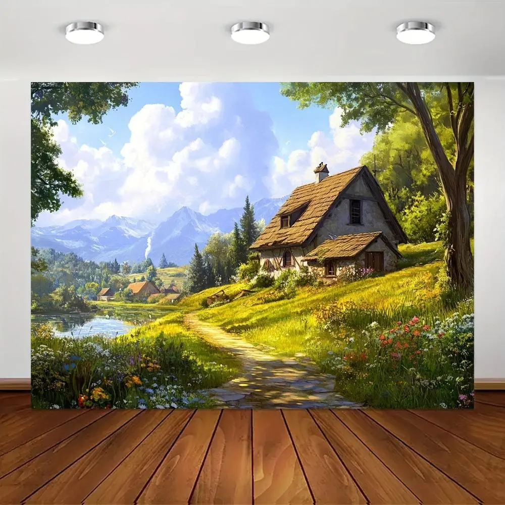 1pc Vibrant Village Landscape Backdrop - 179.83x229.87cm Durable Canvas Backdrop, Serene Countryside Scene with Lush Fields & Quaint House for Home, Garden Celebrations, Festive Party Supplies, Ca-Ready