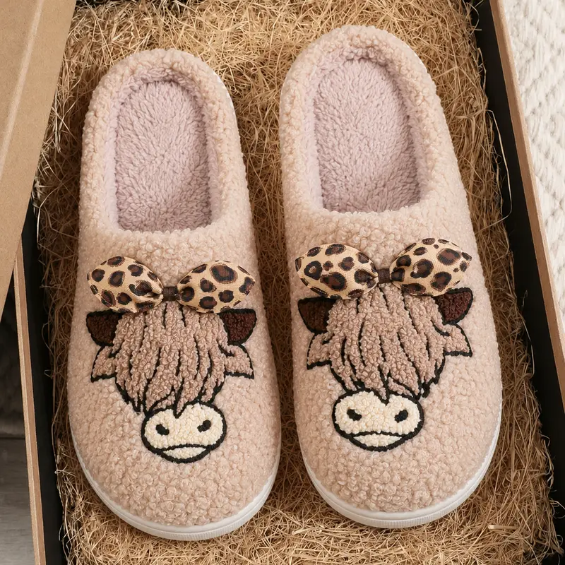 Soft Plush Highland Cow Slippers, Cute Embroidered Animal Design, Indoor Outdoor Warm Non Slip Shoes, Fall Winter Gift for Cow Lovers, Casual Home Slippers, Warm House Slippers