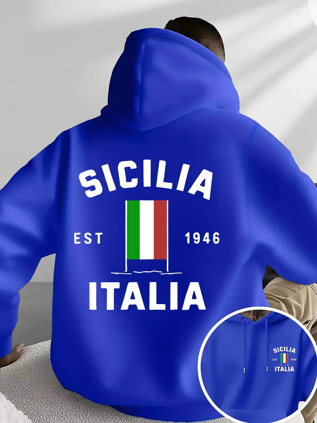 Men's Fall Winter Trendy Italian Sicilian Print Hoodie, Casual Kangaroo Pocket, Drawstring Cap Design, Geometric Pattern, Fitted Style
