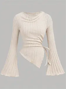 Women's fashion top with asymmetrical hem, bell sleeves, and slim fit. Comfortable autumn/winter style, simple and versatile elegance.