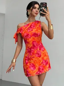 Women's New Floral Print Off-Shoulder Elegant Mini Dress, Womenswear Spring Summer Mesh Flower Dress, Asymmetrical Neckline, Party Beach Hawaiian Date Night, Elegance